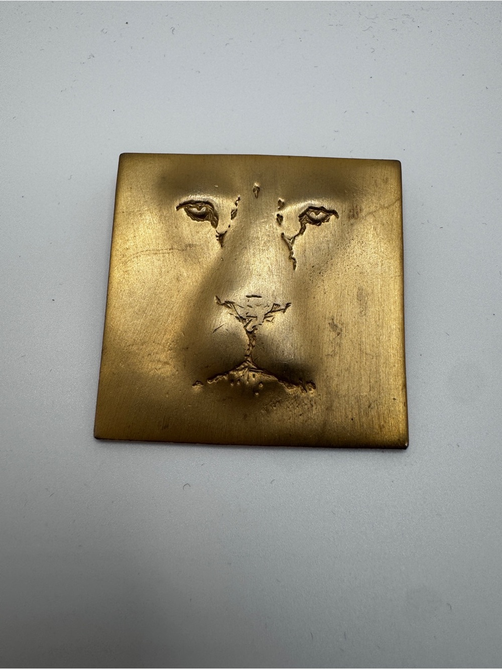 Vintage JJ Jonette Lion Face Gold Tone Square Brooch Pin Brutalist Modernist